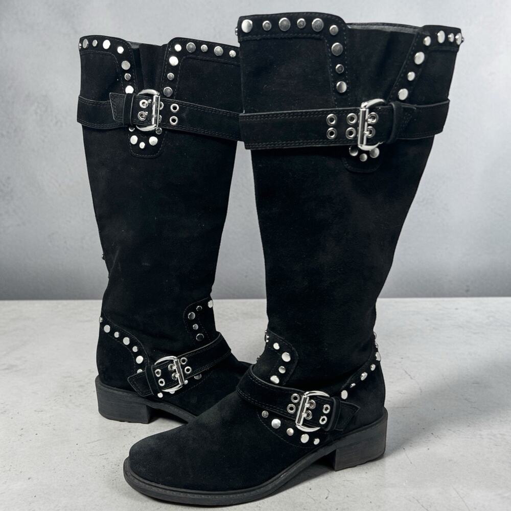 Sam Edelman Deryn Black Suede Studded Moto Riding Boots Women’s Size 8